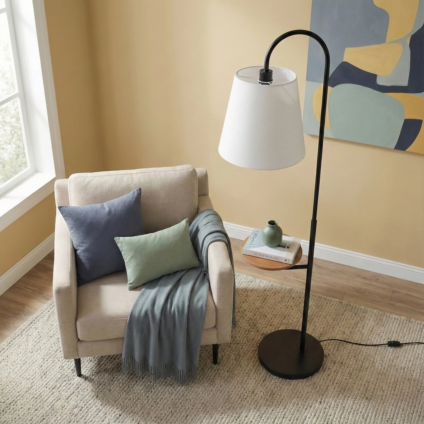 Seoul Black Floor Lamp With Rotary Switch Wood Table Metal Base