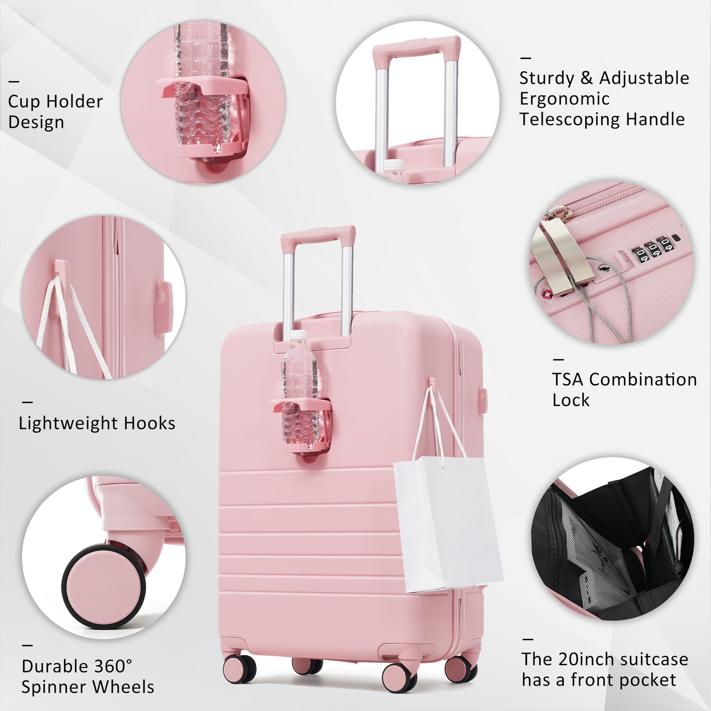 4-Piece Pink Luggage Set with USB Charging Ports & Toiletry Bag