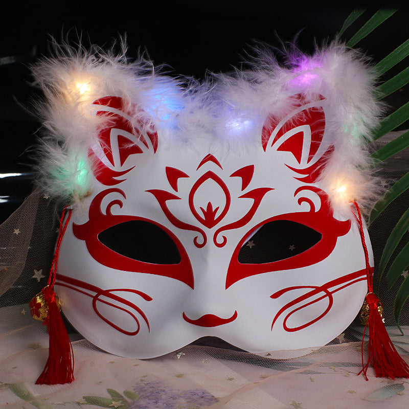Halloween Party Luminous Feather Fox Mask Two-Faced Cat Face Mask