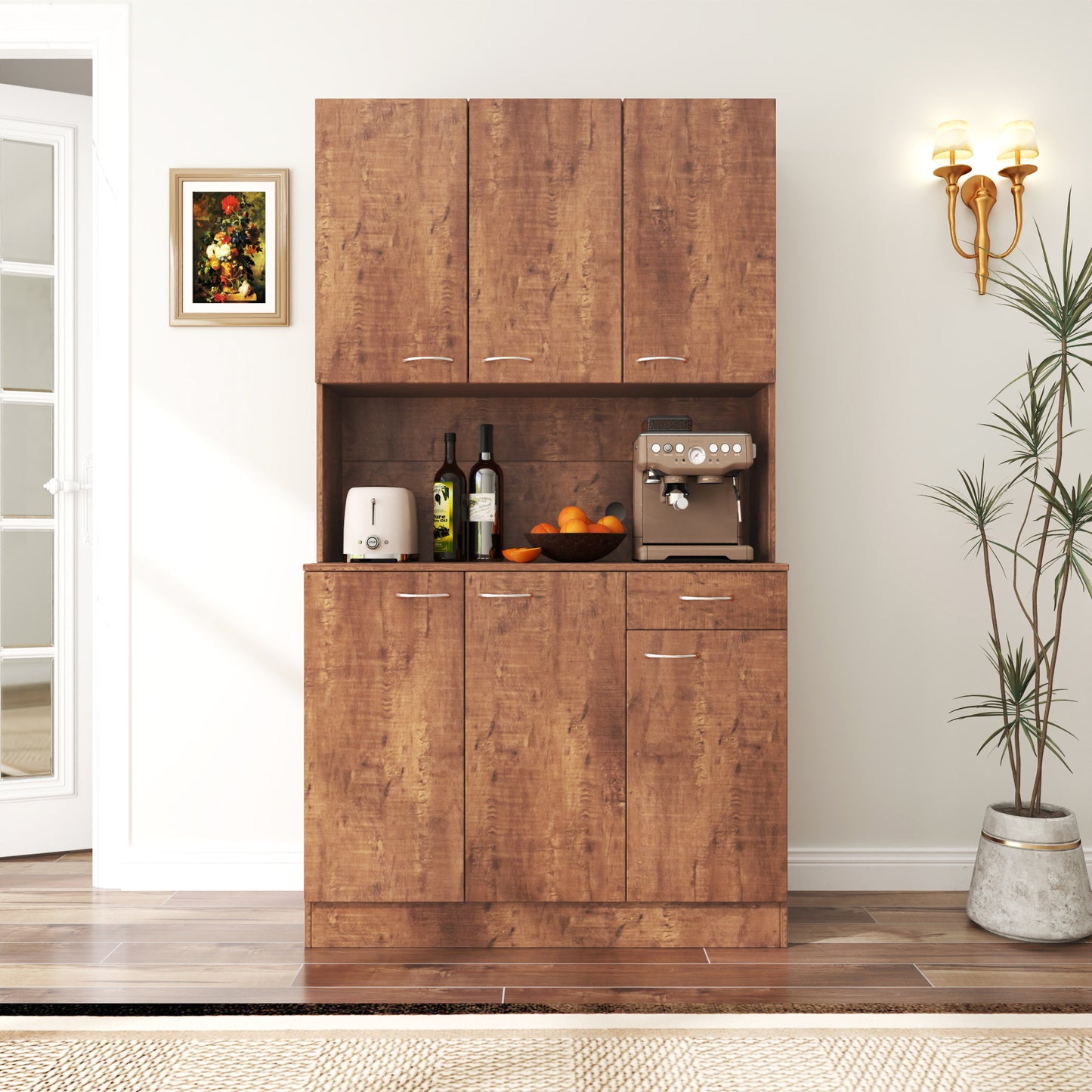 70.87" Tall Wardrobe & Kitchen Cabinet with 6 Doors, Open Shelf & Drawer - Walnut