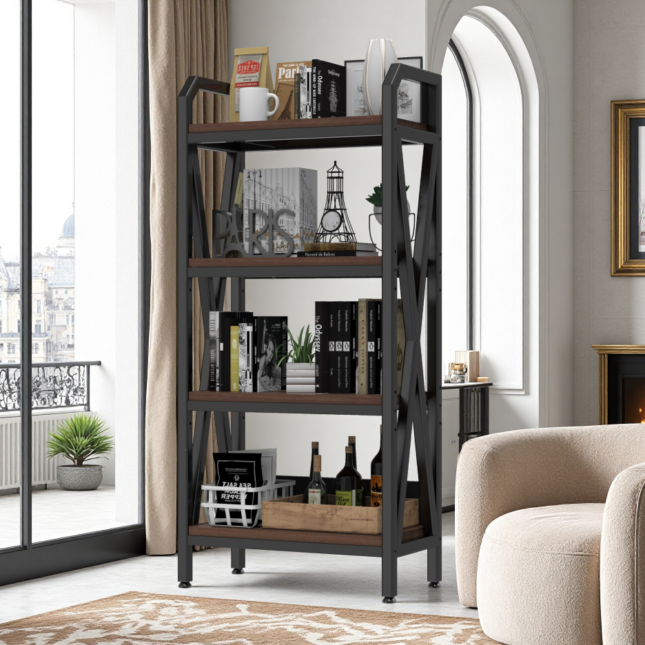 Black 56.3-Inch Metal & Wood Kitchen Storage Rack with 4 Adjustable Shelves