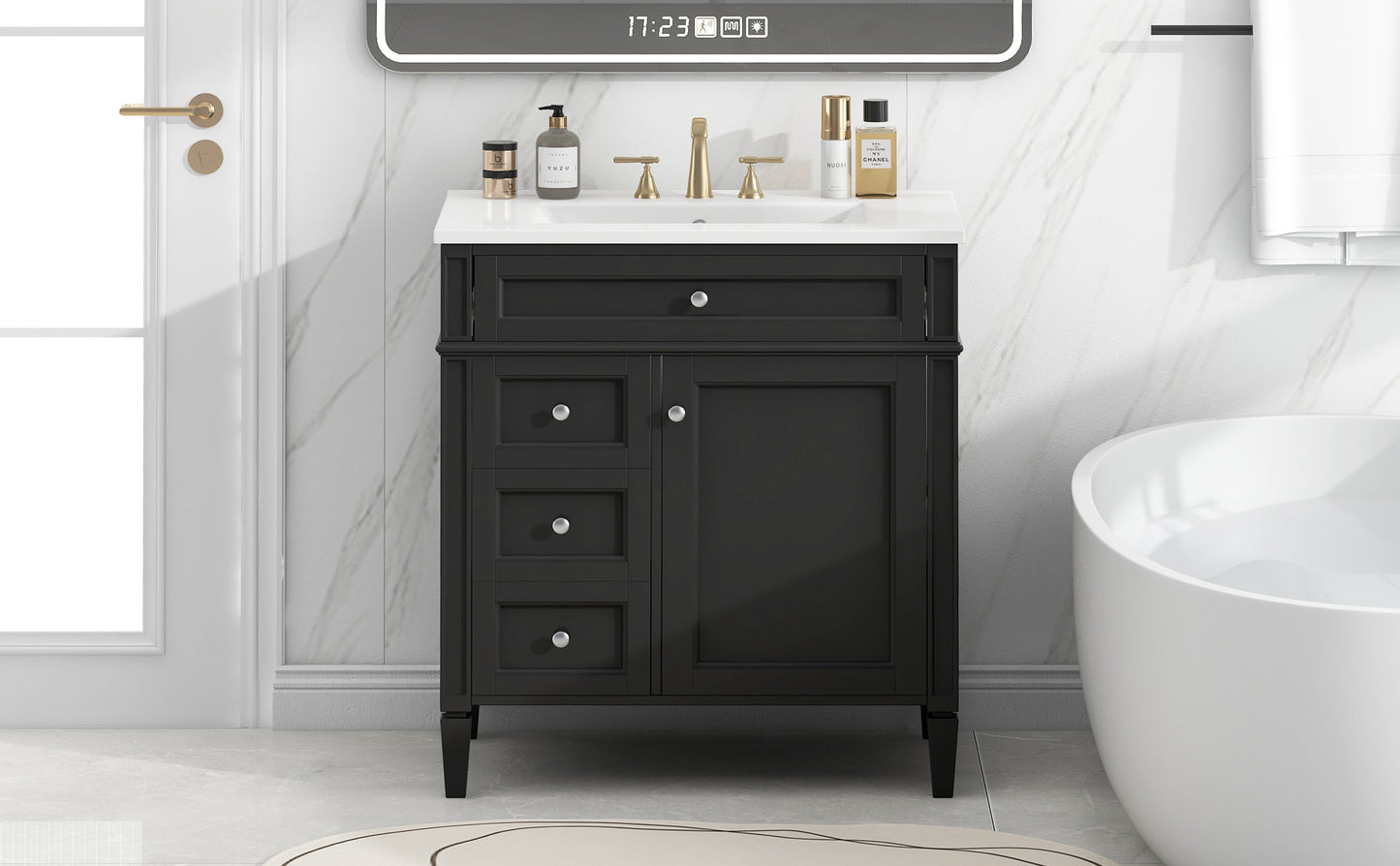 30'' Modern Bathroom Vanity with Ceramic Sink and Storage - Black