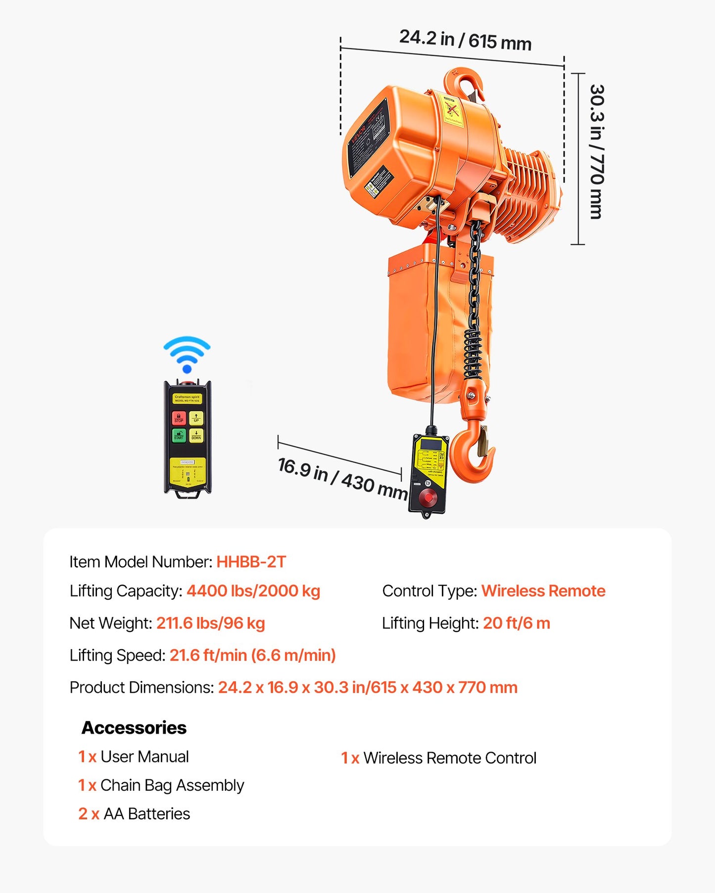 4400 Lb Electric Chain Hoist with Wireless Remote Control, 20 Ft Lift, Three-Phase Industrial Overhead Crane