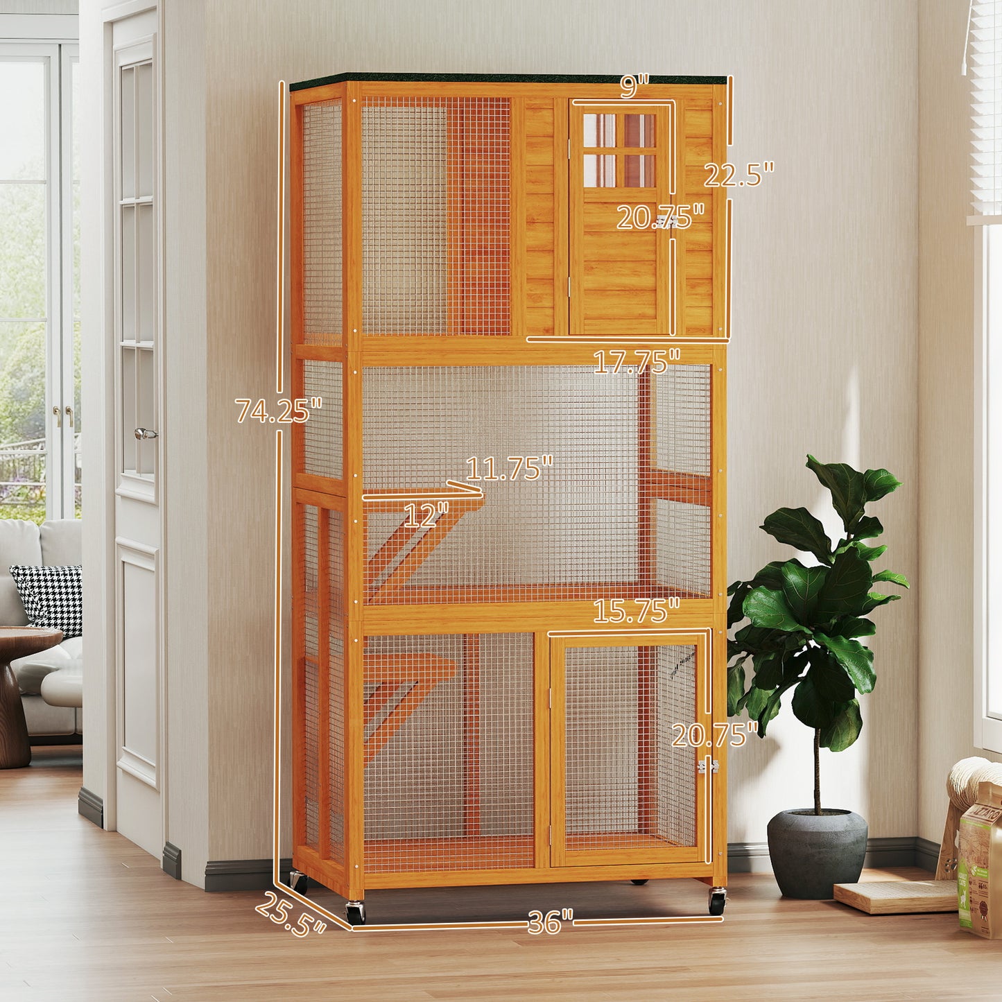 74-Inch Wooden Outdoor Cat House Catio Enclosure with Perches - Orange