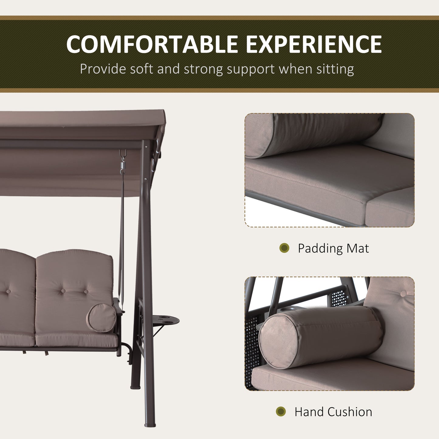 3-Person Steel Canopy Patio Swing Bench with Cushions - Brown