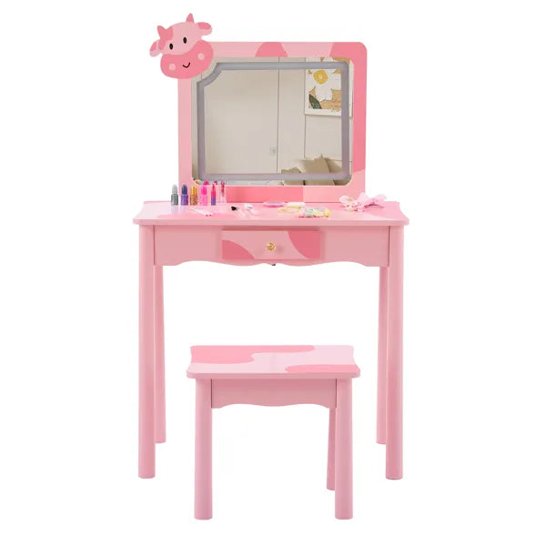 Children's Dressing Table Set with LED Backlight - Pink Cow Pattern