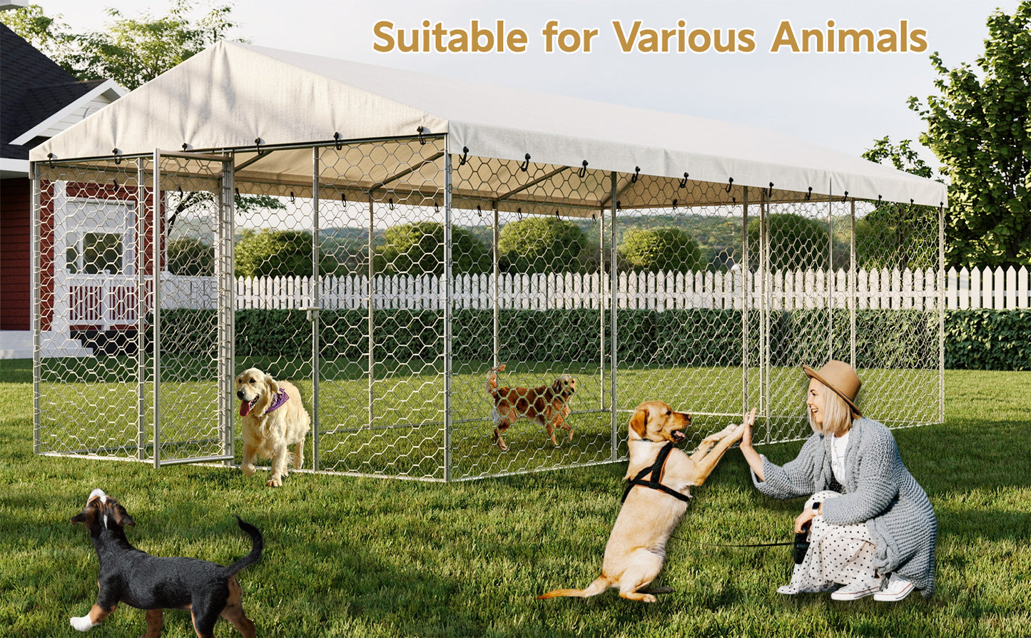 Large Outdoor Dog Kennel with Canopy - Heavy Duty Galvanized Steel Frame, Waterproof Cover, All-Weather Escape-Proof Pet Pen for Large Dogs