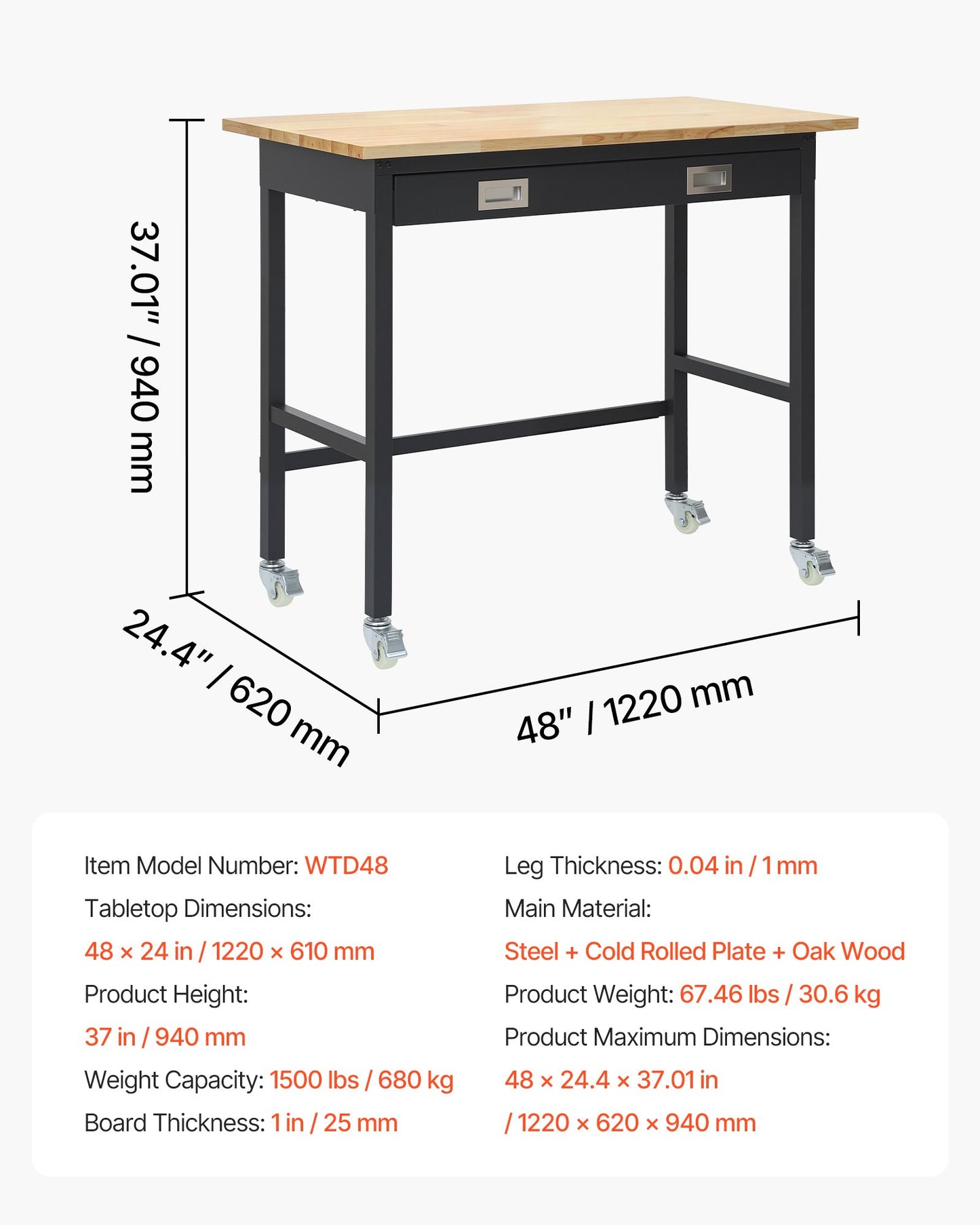Heavy Duty 48-inch Workbench with Drawer Storage and Wheels - Black