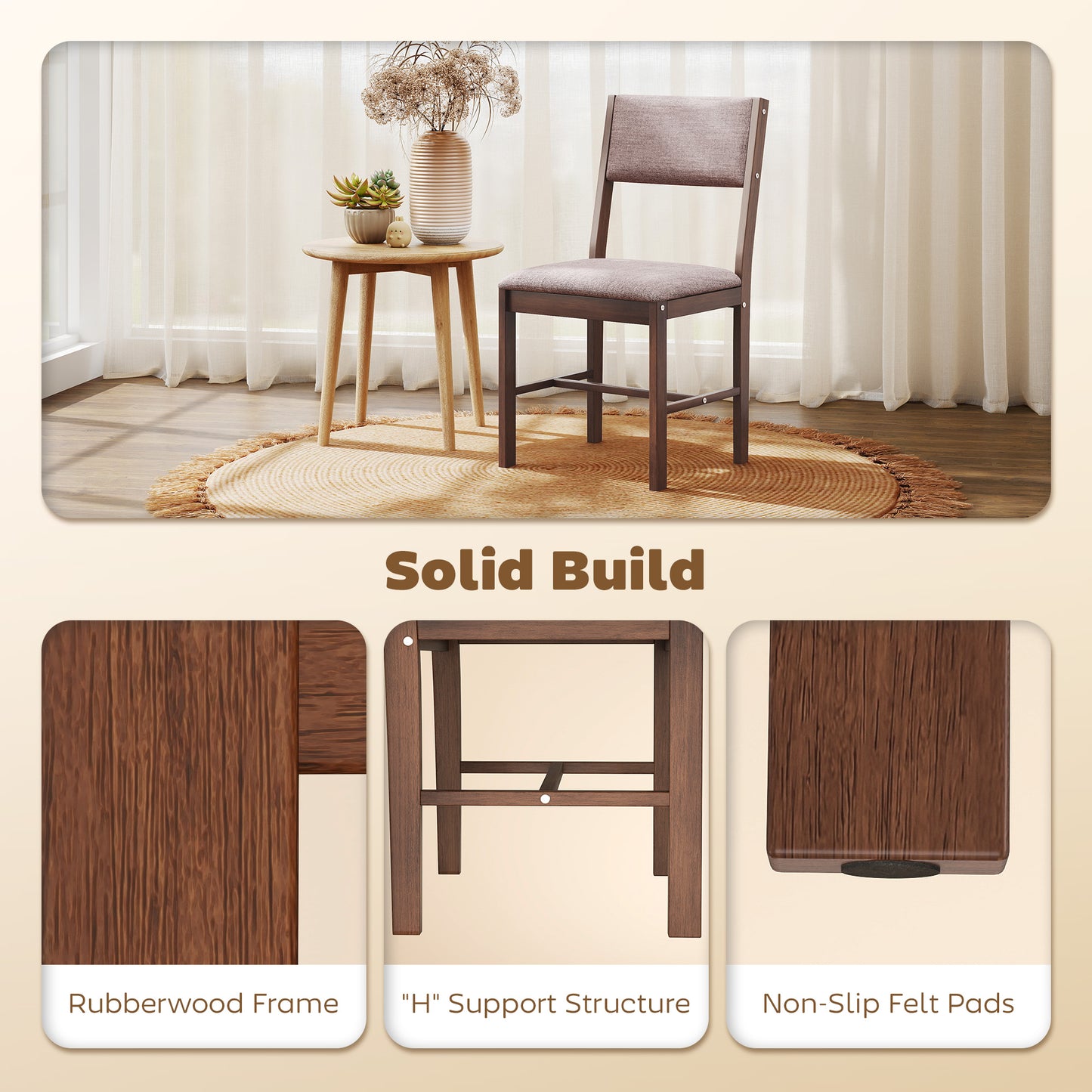 Modern Dining Chairs Set of 4, Linen Fabric Kitchen with Rubberwood