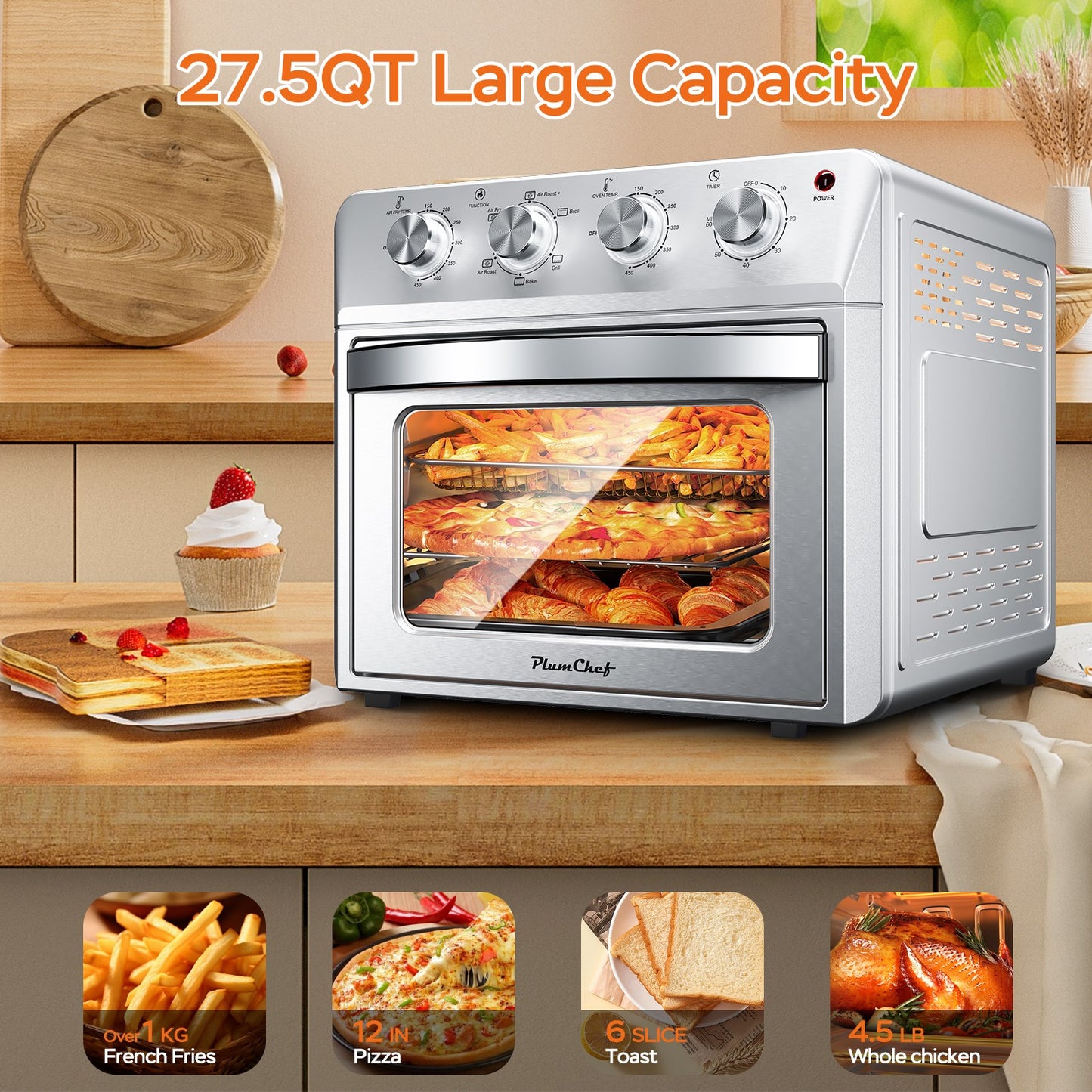 27.5QT 6-in-1 Air Fryer Toaster Oven - Stainless Steel