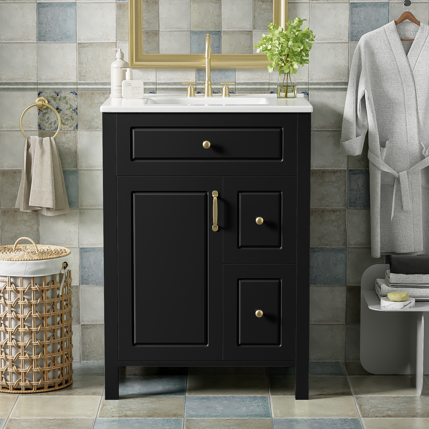 24-Inch Bathroom Vanity with Ceramic Sink and Soft Close Doors - Black