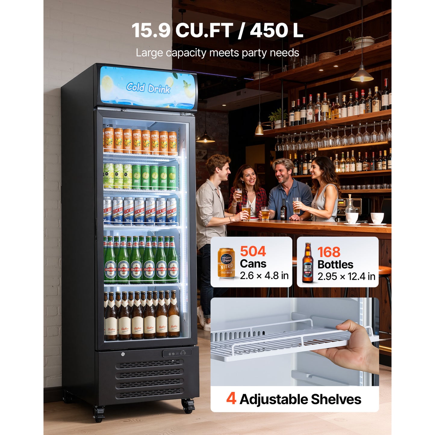 15.9 Cu.Ft Glass Door Commercial Refrigerator with Adjustable Shelves & LED Lighting