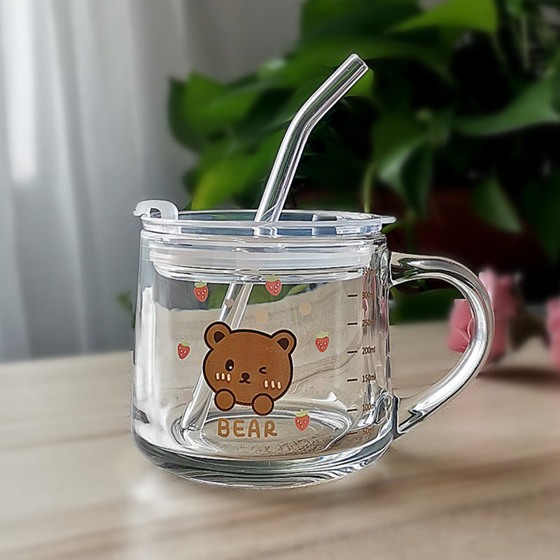 Minimalist Cartoon Glass Water Cup with Straw - Heat-Resistant, 400ML