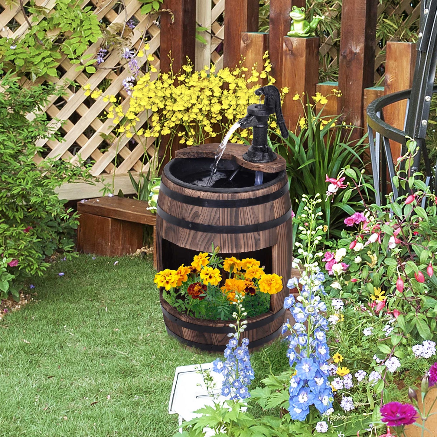 Outdoor Wooden Water Fountain Pump Garden Decor - 23 Inch, Rustic