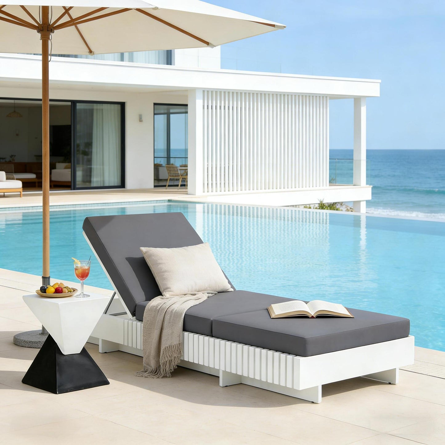 Outdoor Chaise Lounge - White Acacia Wood with Dark Grey Cushion