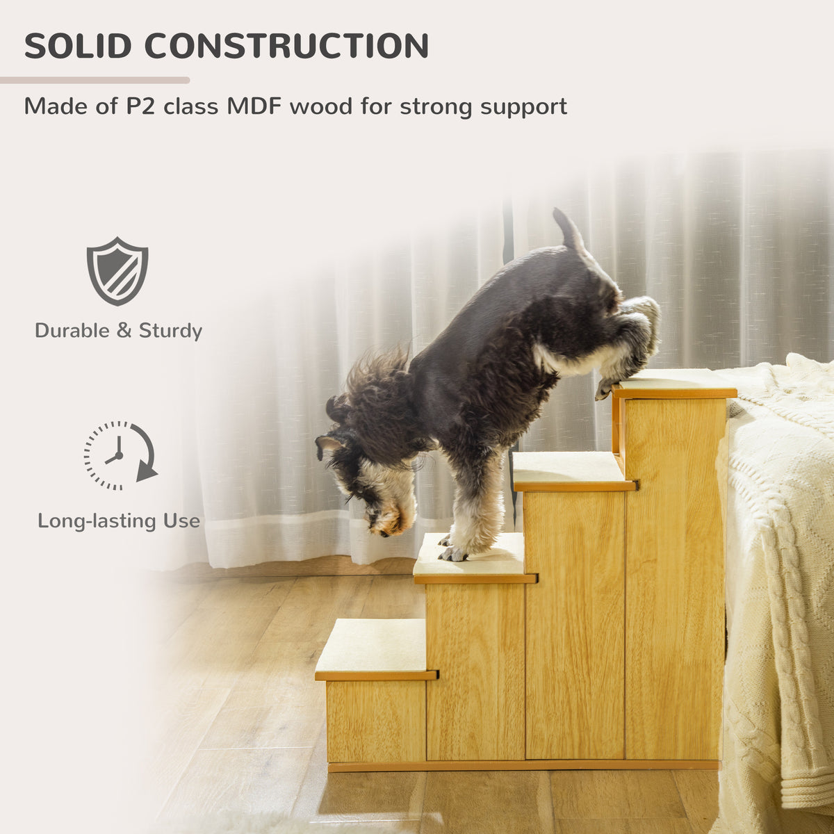 Small Pet Stairs with Cushioned Cover for Dogs & Cats Up to 22 lbs - Natural Wood