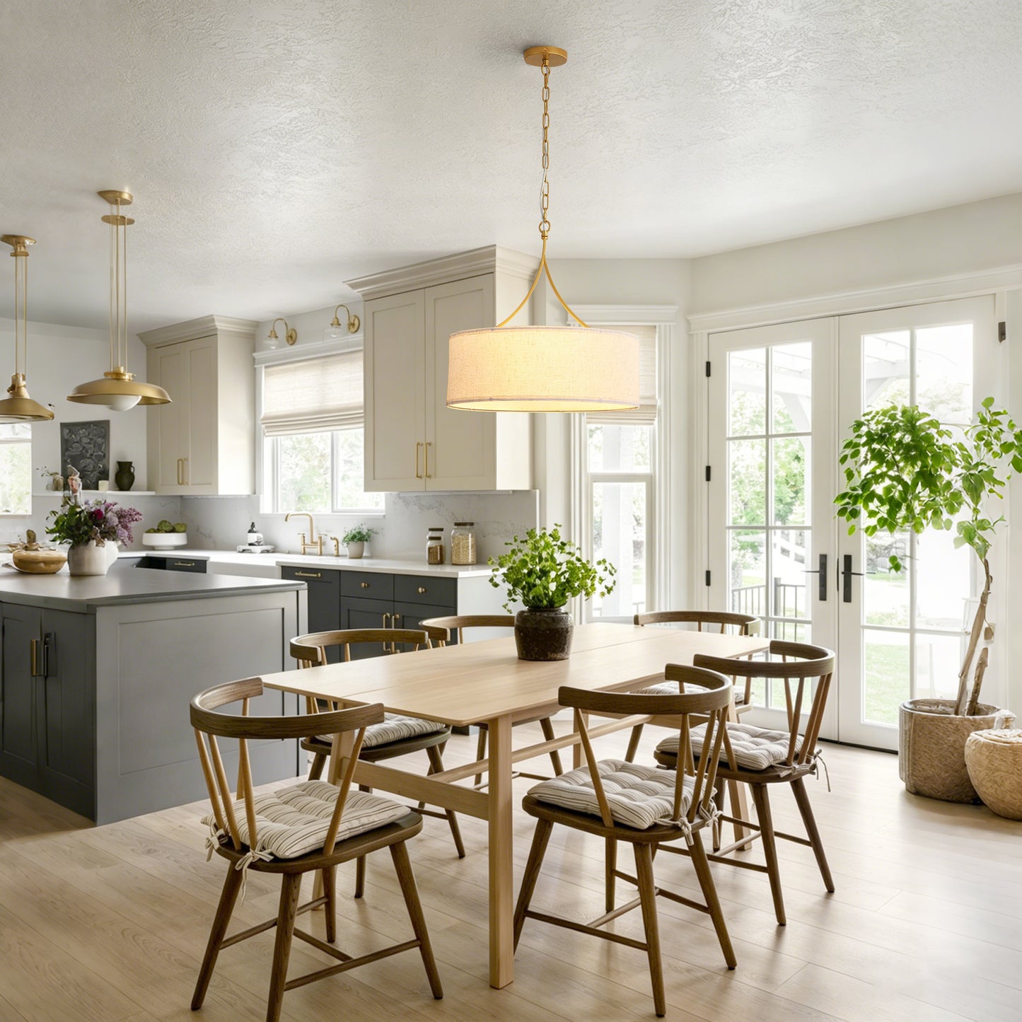 Golden Fabric Pendant Light - Adjustable Drum Chandelier for Dining & Living Rooms