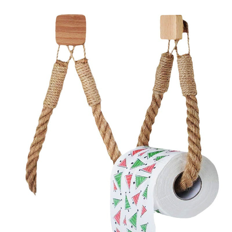 Hemp Rope Storage Towel Rack Solid Wood Wall Mount Home Organization