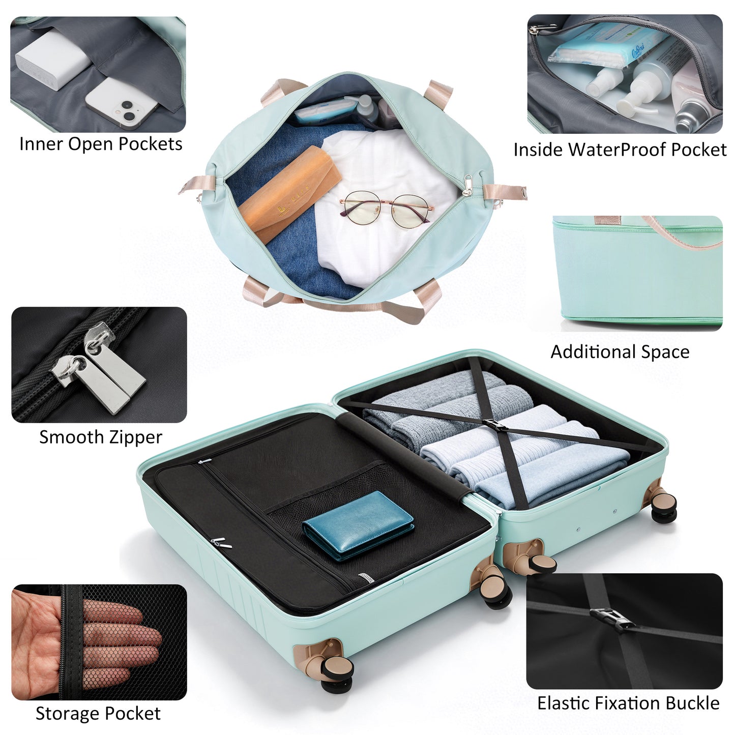 4-Piece Luggage Set with USB Charging Ports - Grey Green