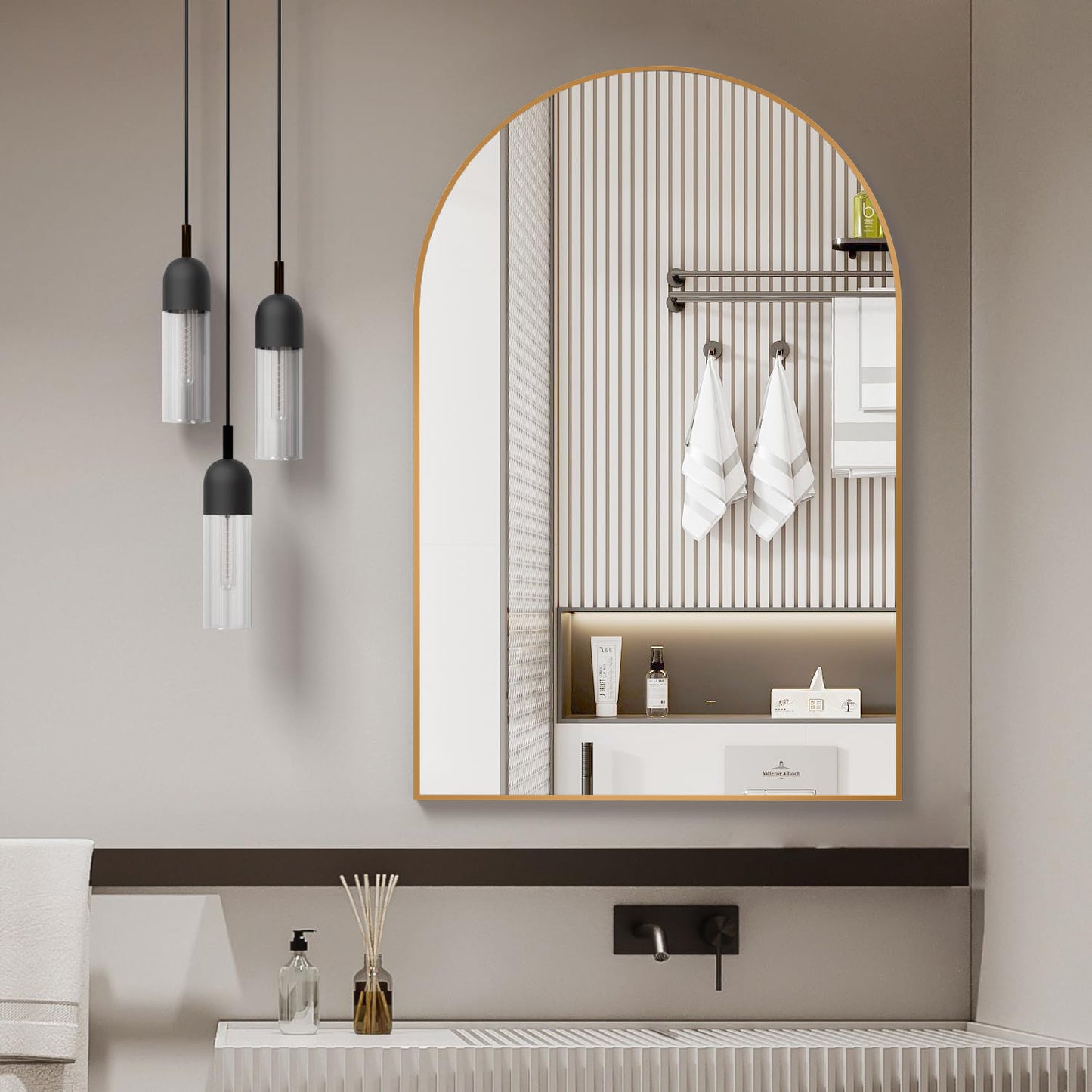 Gold Metal Framed Arched Bathroom Mirror - 24x32 Inch