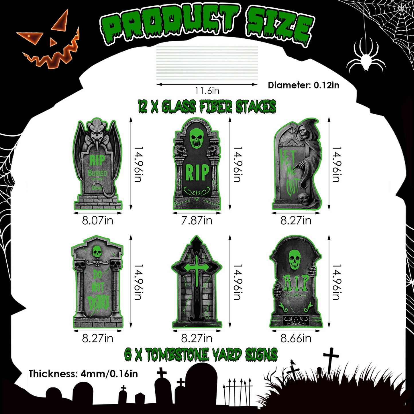 Glow In The Dark Halloween Yard Sign Set - 6 Pcs Skeleton & Cat