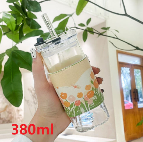 Large Capacity Glass Water Cup with Lid and Straw - Portable Drinkware