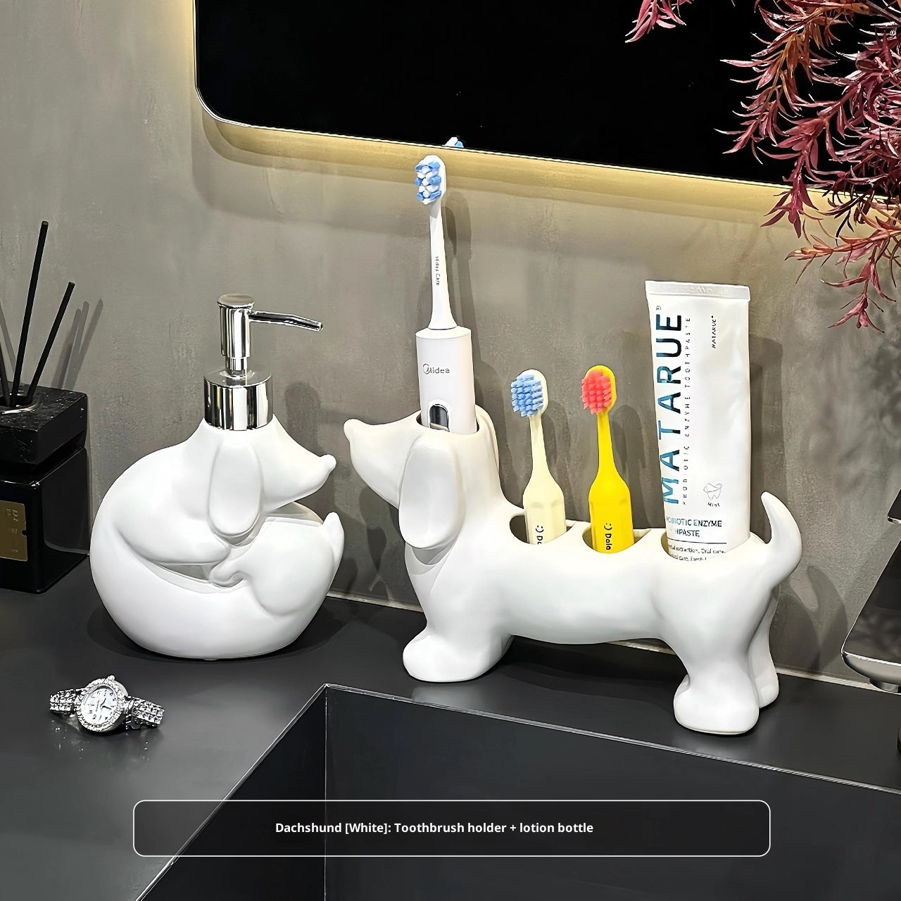 Cute Sausage Dog Lotion Bottle & Toothbrush Holder Set - Home Storage
