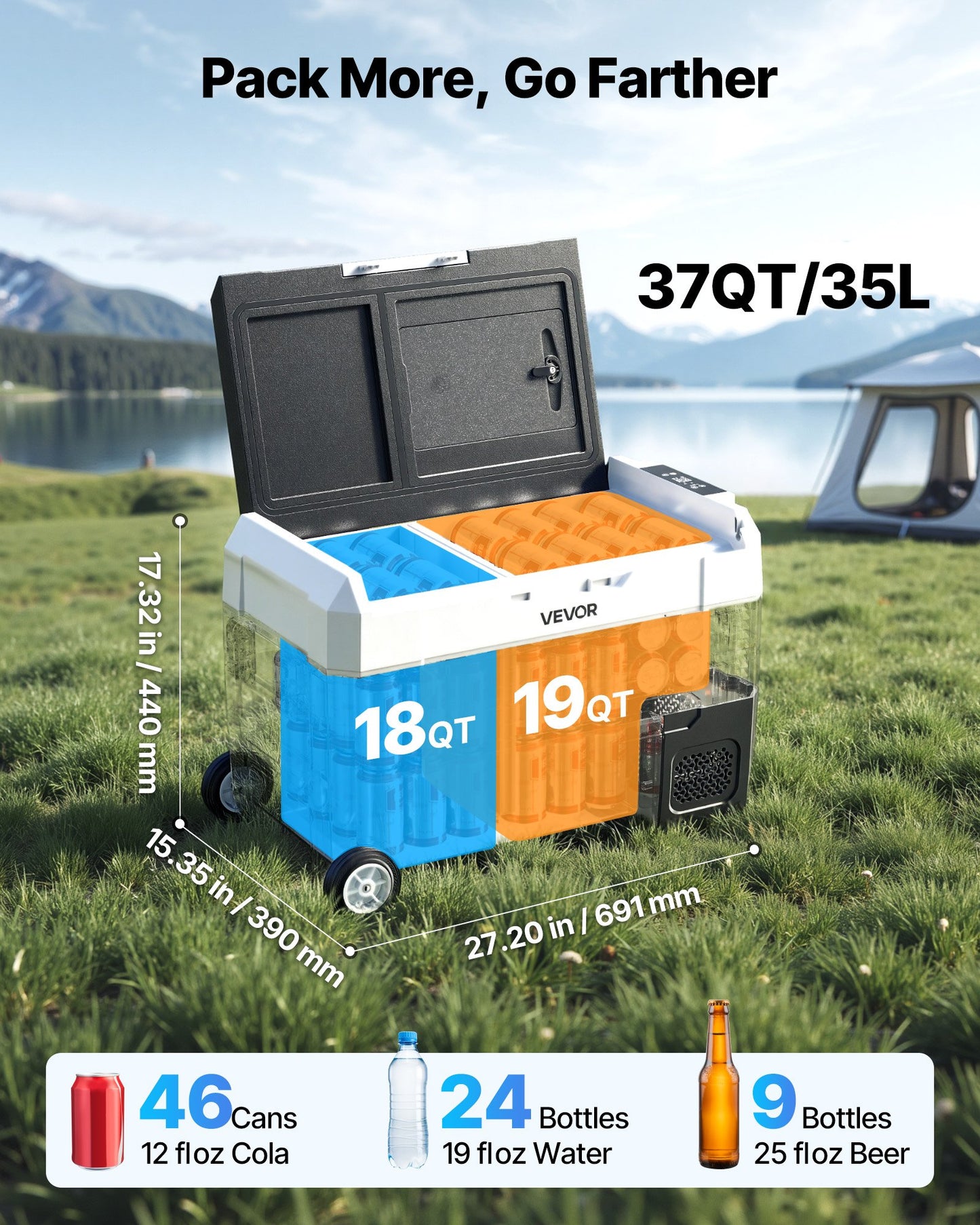 12V/24V Portable Car Refrigerator Cooler - 37QT Dual Zone Compressor with App Control