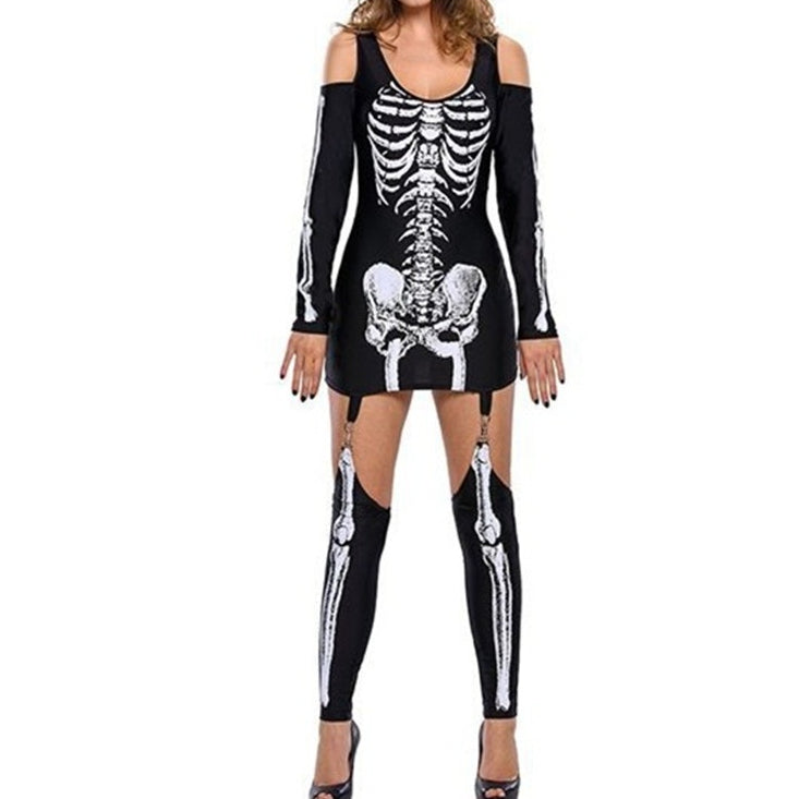 Skeleton Skeleton Printed Sexy Off-the-Shoulder Halloween Costume - Black, Multiple Sizes