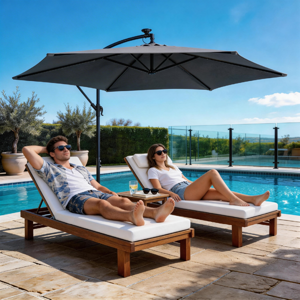 10FT Round Hanging Patio Umbrella with LED Lights & Stand - Gray
