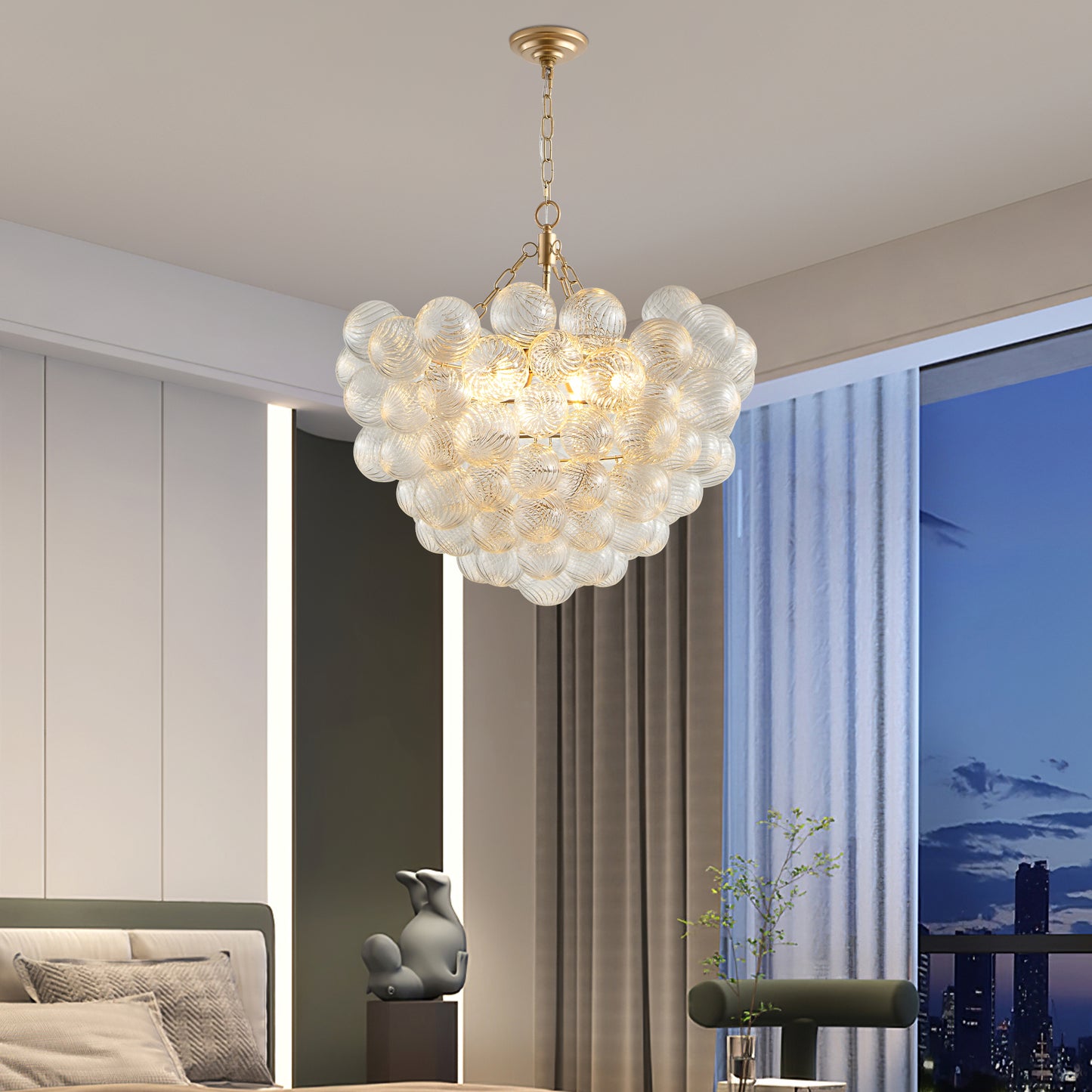 Gold Pendant Light Fixture with Clear Glass Globe - Adjustable Height, Modern Ceiling Lighting for Living & Dining Rooms