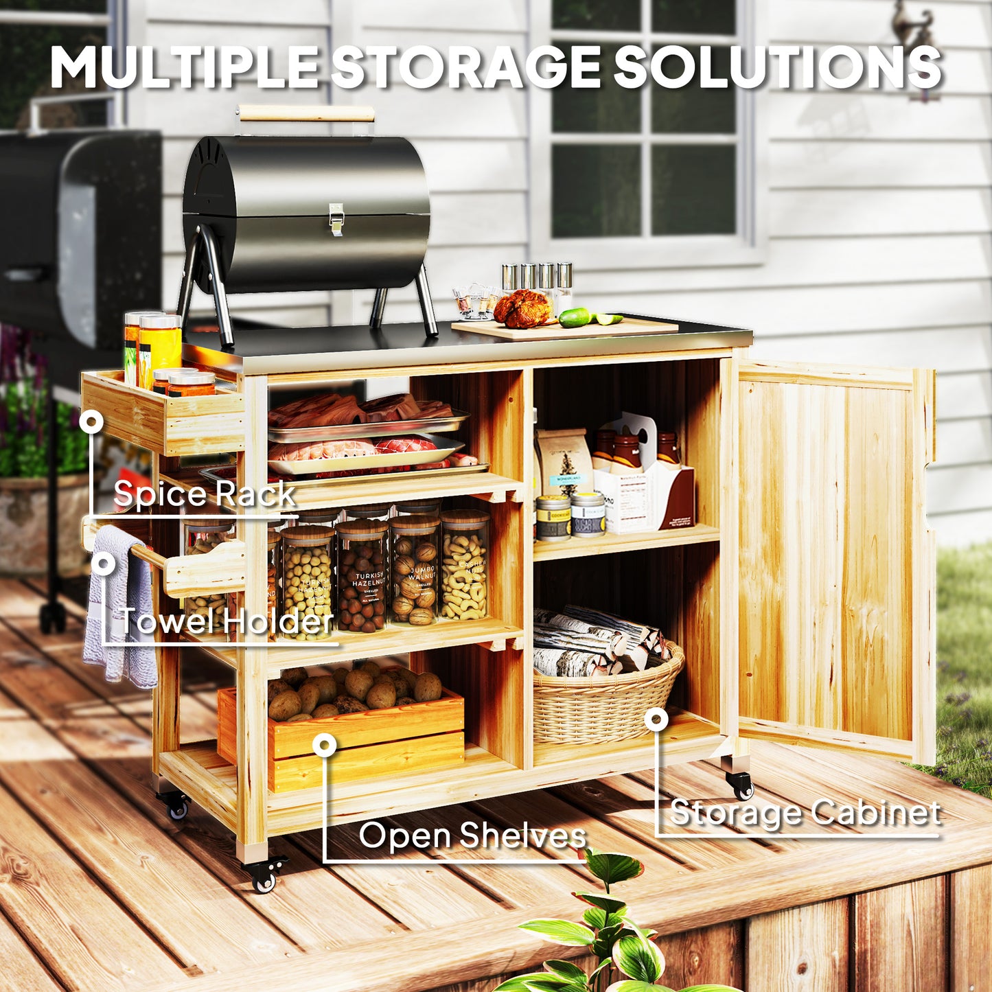 Outdoor Grill Cart with Stainless Steel Top & Solid Wood Frame
