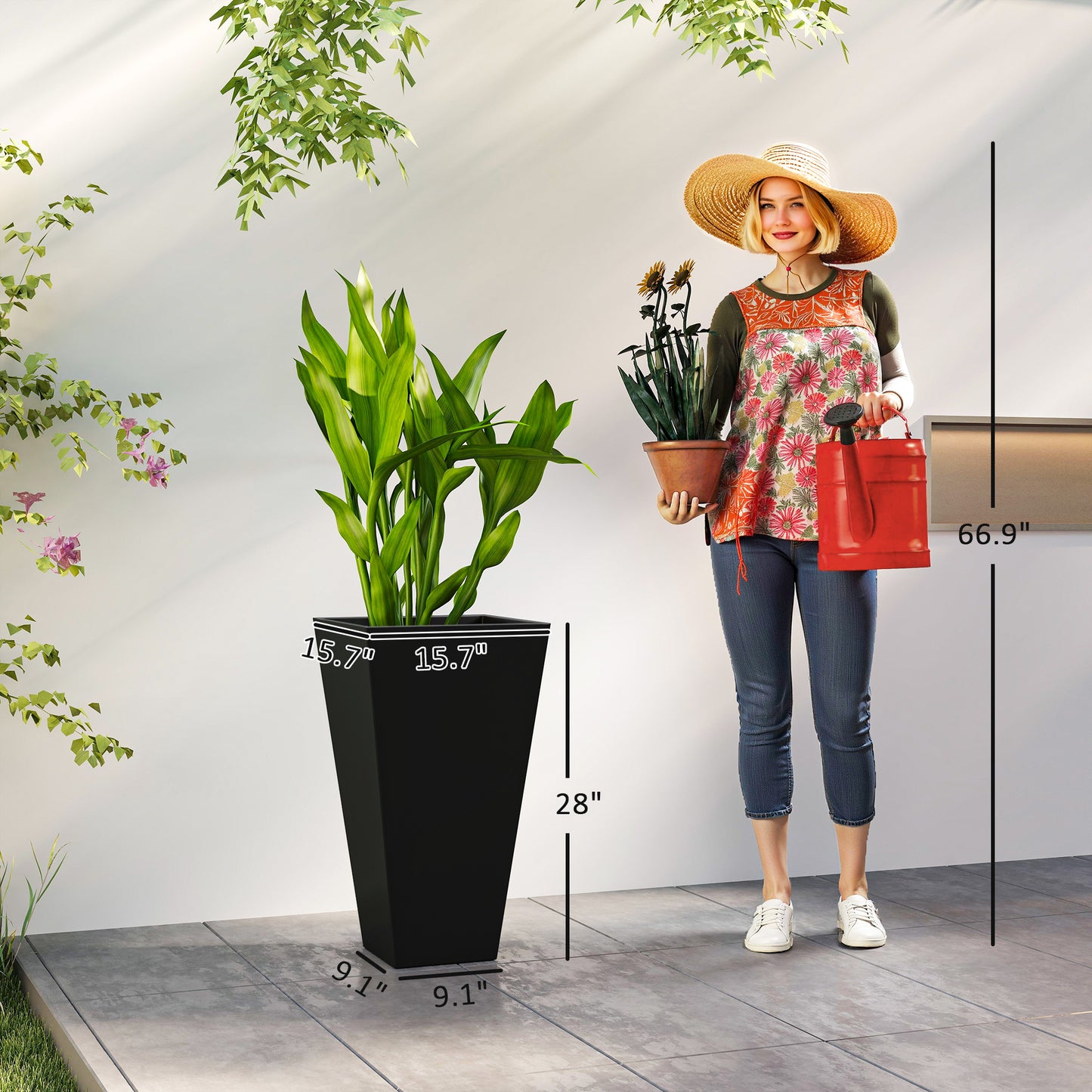 Tall Outdoor Plant Planters Set of 3 - 28 Inch Black Taper Pots with Drainage Holes