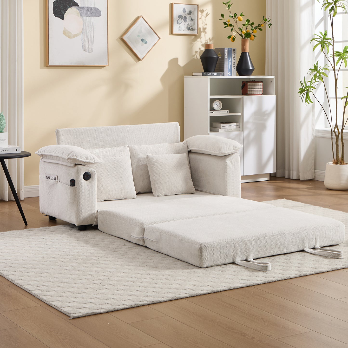 58 Inch Convertible Futon Sofa Bed with Side Pockets - Cream White