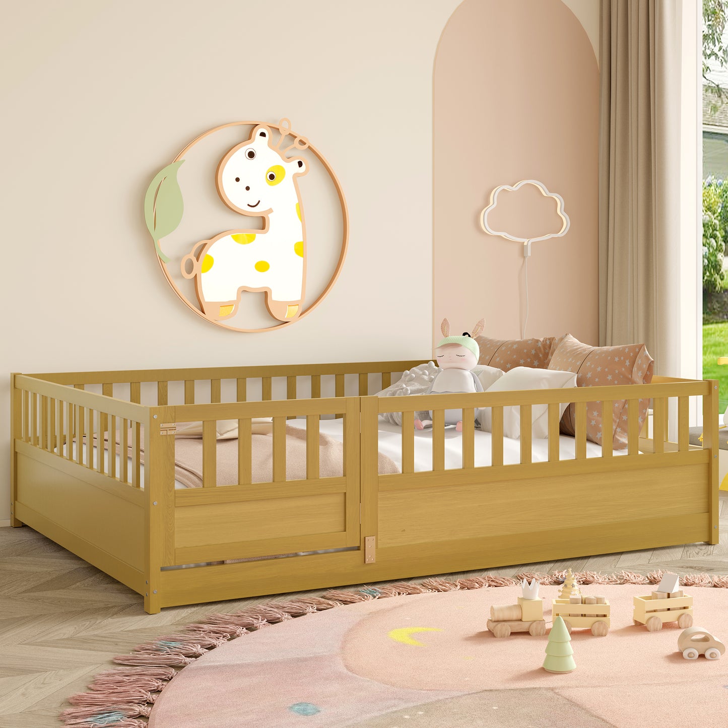 Full Size Montessori Floor Bed with High Security Barrier - Natural Wood