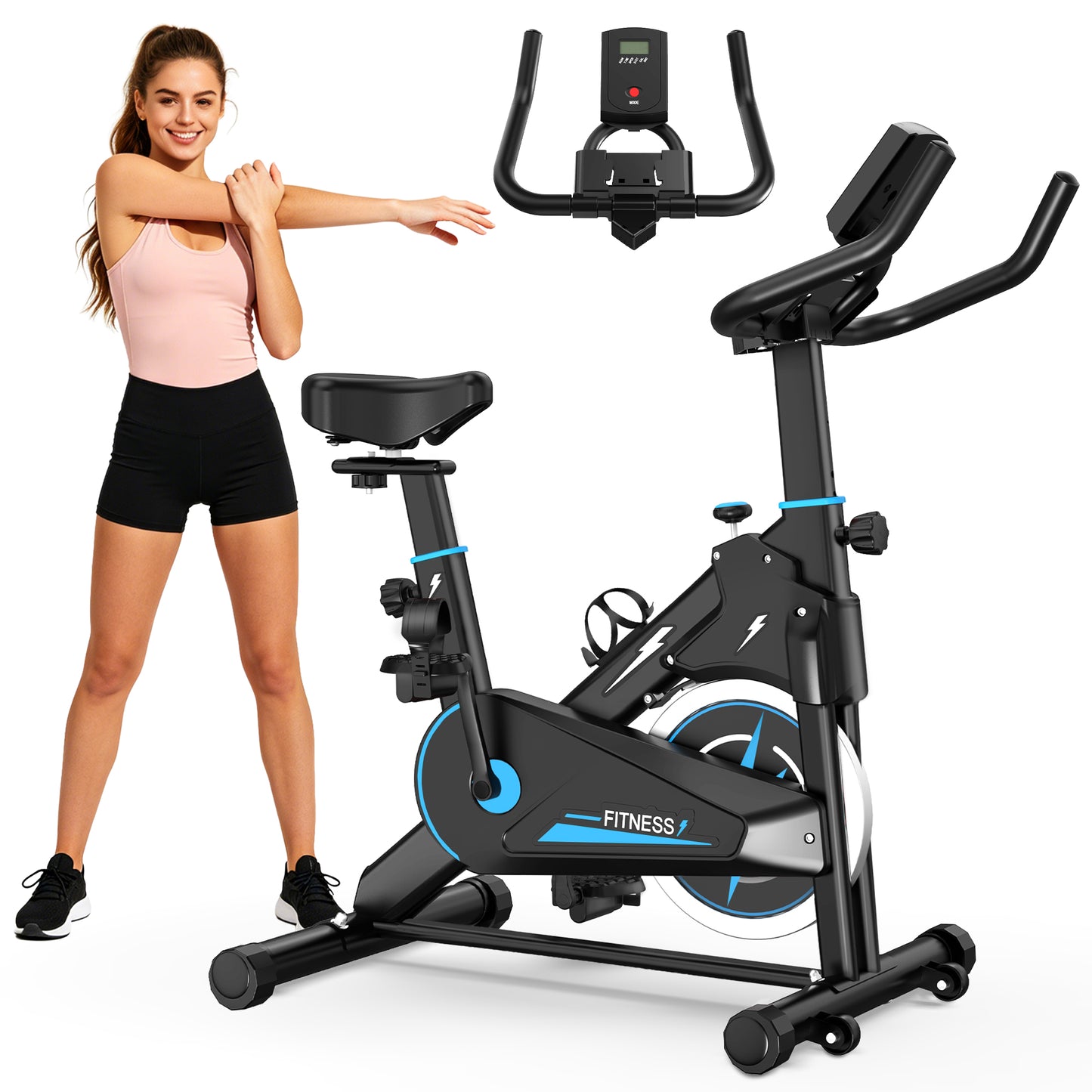 Indoor Exercise Bike with Adjustable Resistance & Monitor - Black/Blue