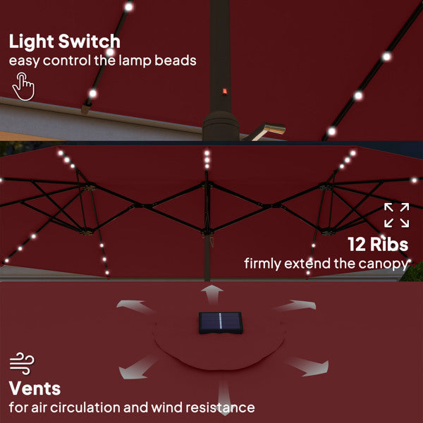 Beach Umbrella with Solar LED Light - Wine Red Double Canopy