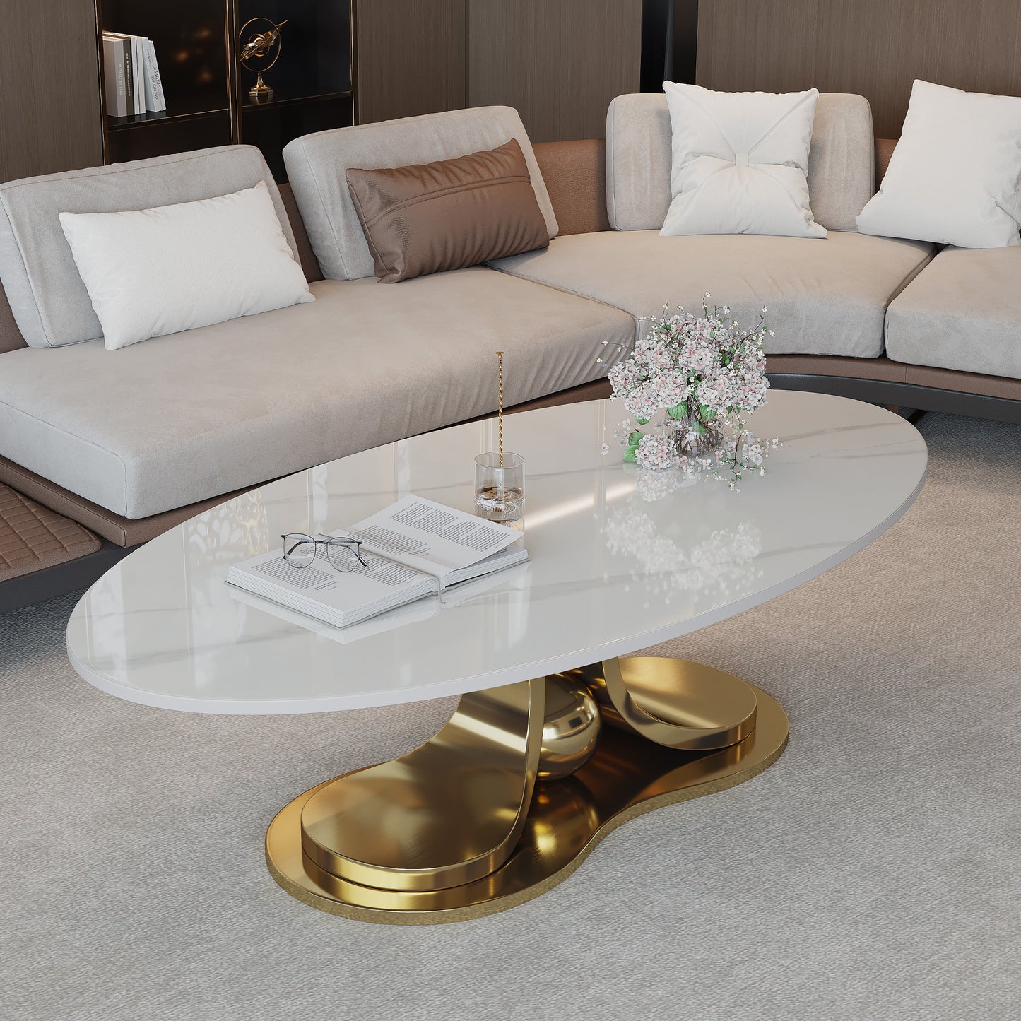 49.2" Modern Faux Marble Coffee Table - Gold & White