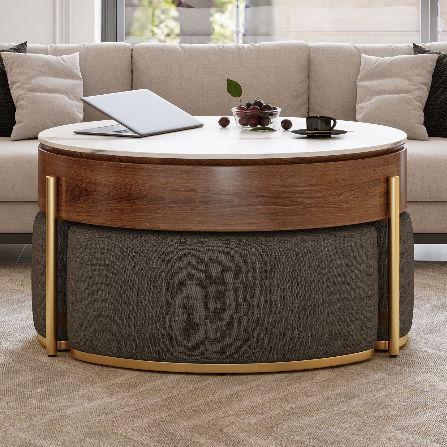 Modern Lift-Top Round Coffee Table with Hidden Storage & 3 Ottomans