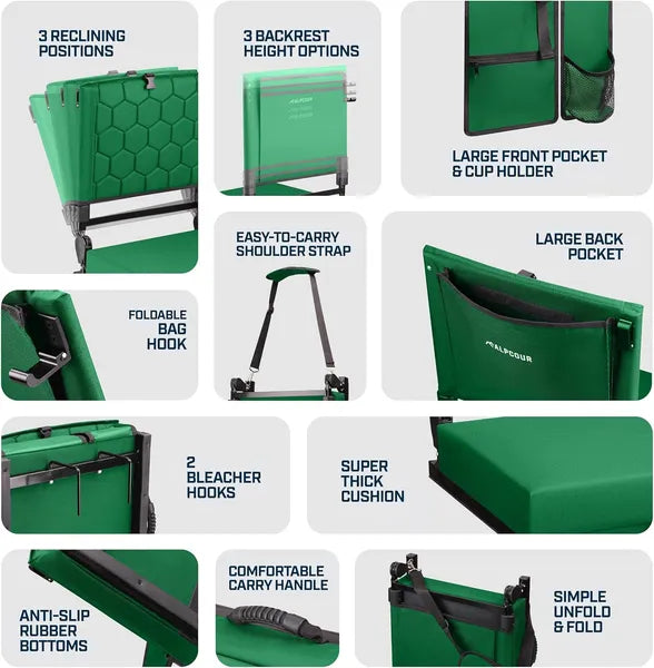 Folding Reclining Stadium Seat with Back Support - Hunter Green