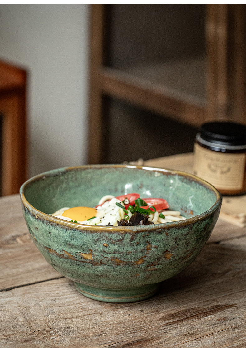 Ceramic Noodle & Rice Bowl Set - Green Glaze Kiln, 5.5 & 6.5 Inch