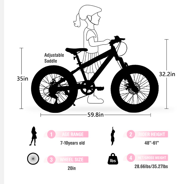 20 Inch Fat Tire Mountain Bike - 7 Speed, Dual Disc Brakes