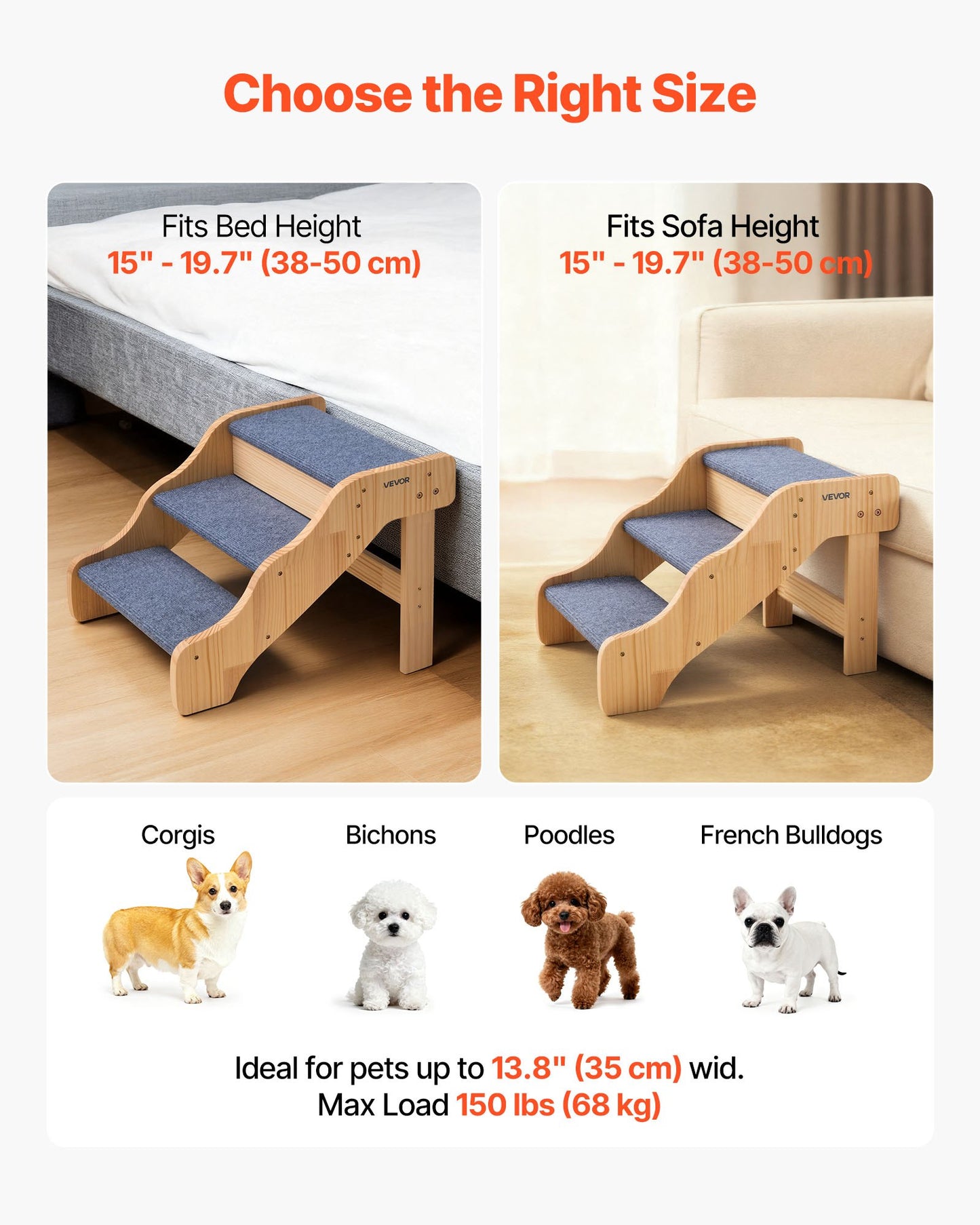 Wood Pet Stairs for Dogs & Cats - 3-Step Non-Slip Pet Ladder with 150lbs Capacity