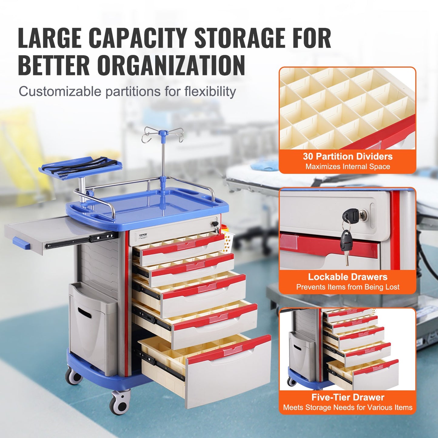 Mobile Medical Cart with 5 Drawers & 2 Trash Cans - Blue