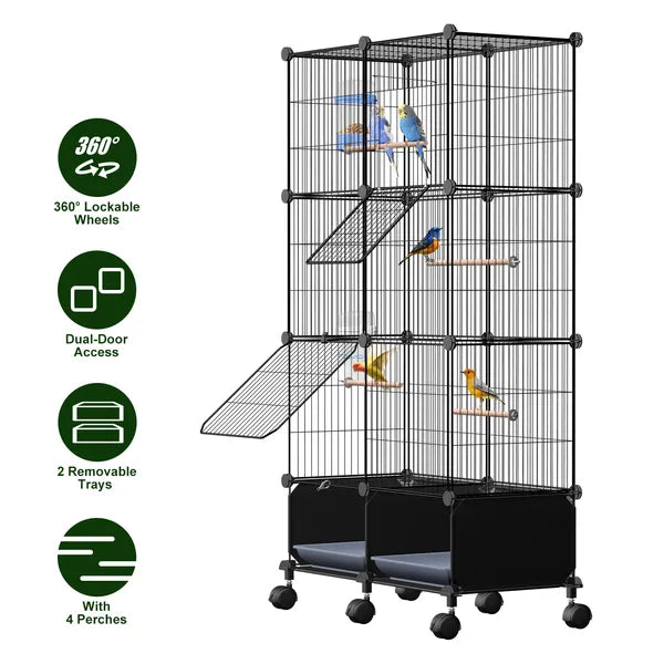 46in Indoor Bird Cage with 4 Wooden Perches - Spacious Pet Bird House