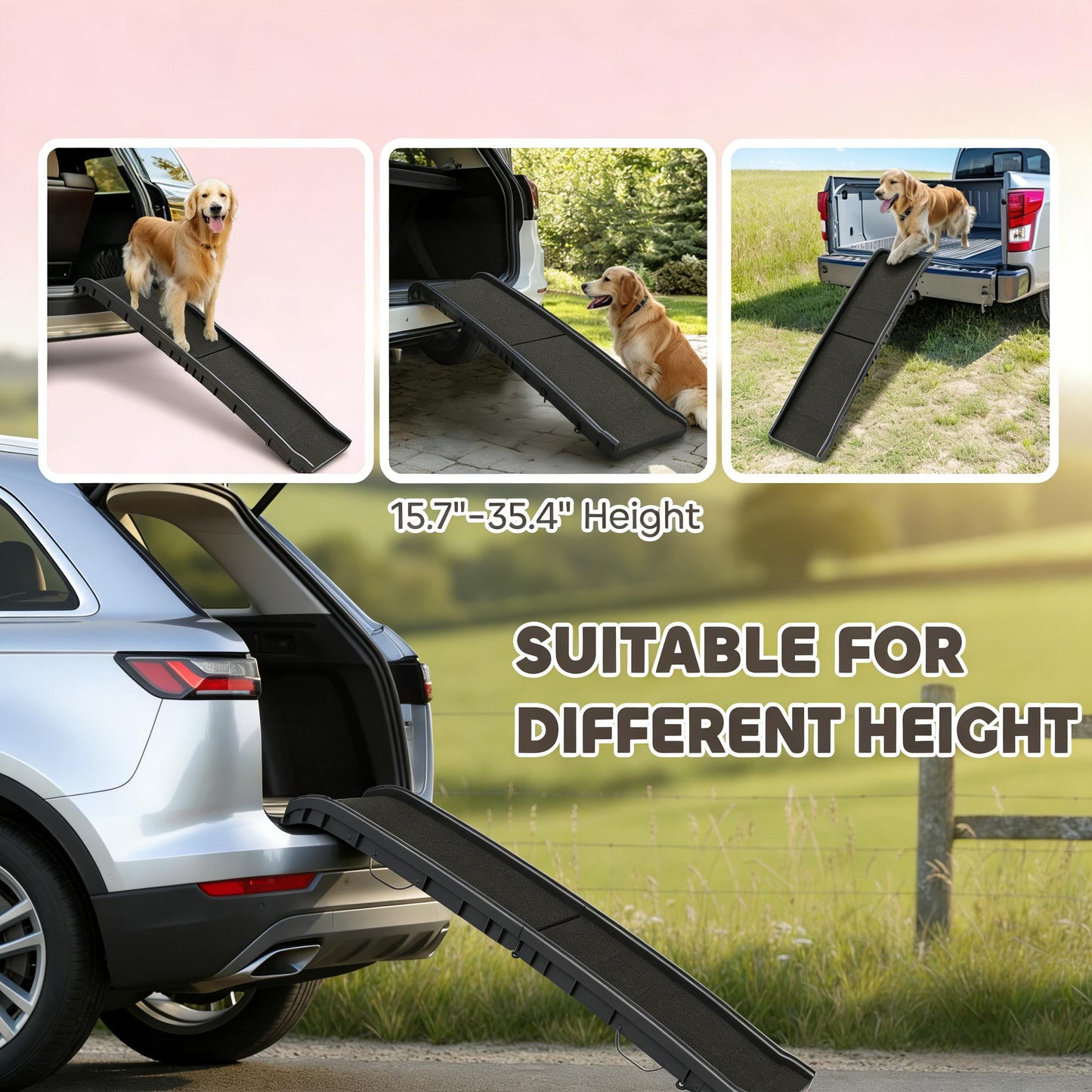 Foldable Dog Ramp for Vehicles and Beds - Gentle Slope, Non-Slip Surface, Black