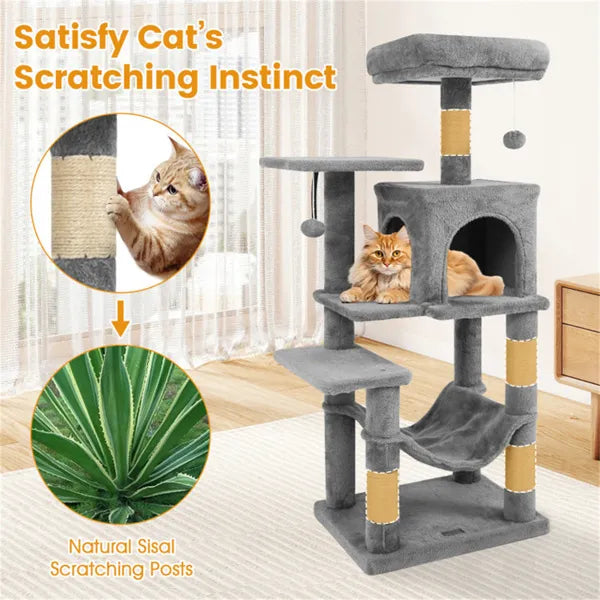 44-Inch Multi-Level Cat Tree with Top Perch, Condo & Hammock - Light Gray