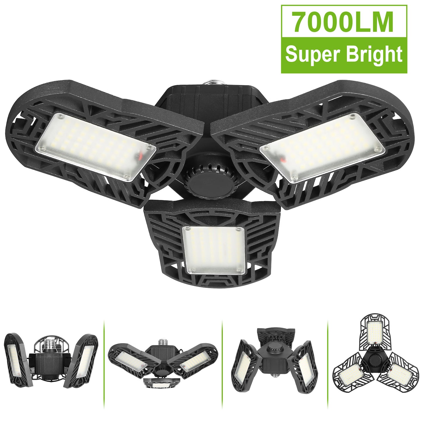 80W LED Garage Ceiling Light with 7000LM & 3 Adjustable Panels - E26/E27 Deformable Workshop Lamp