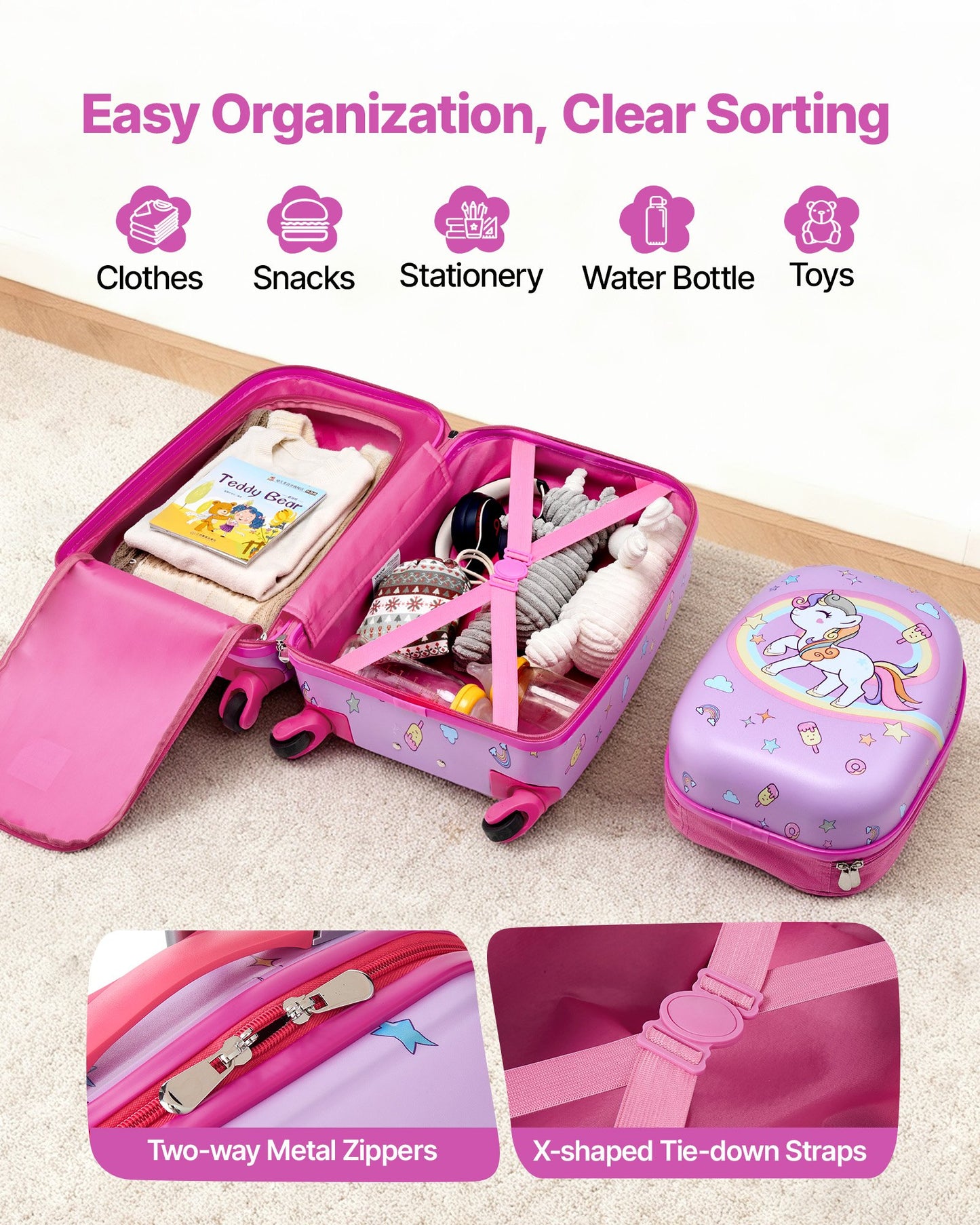 Kids Luggage Set 2-Piece 18 Inch Hard Shell Suitcase with Backpack - Unicorn Travel Gift