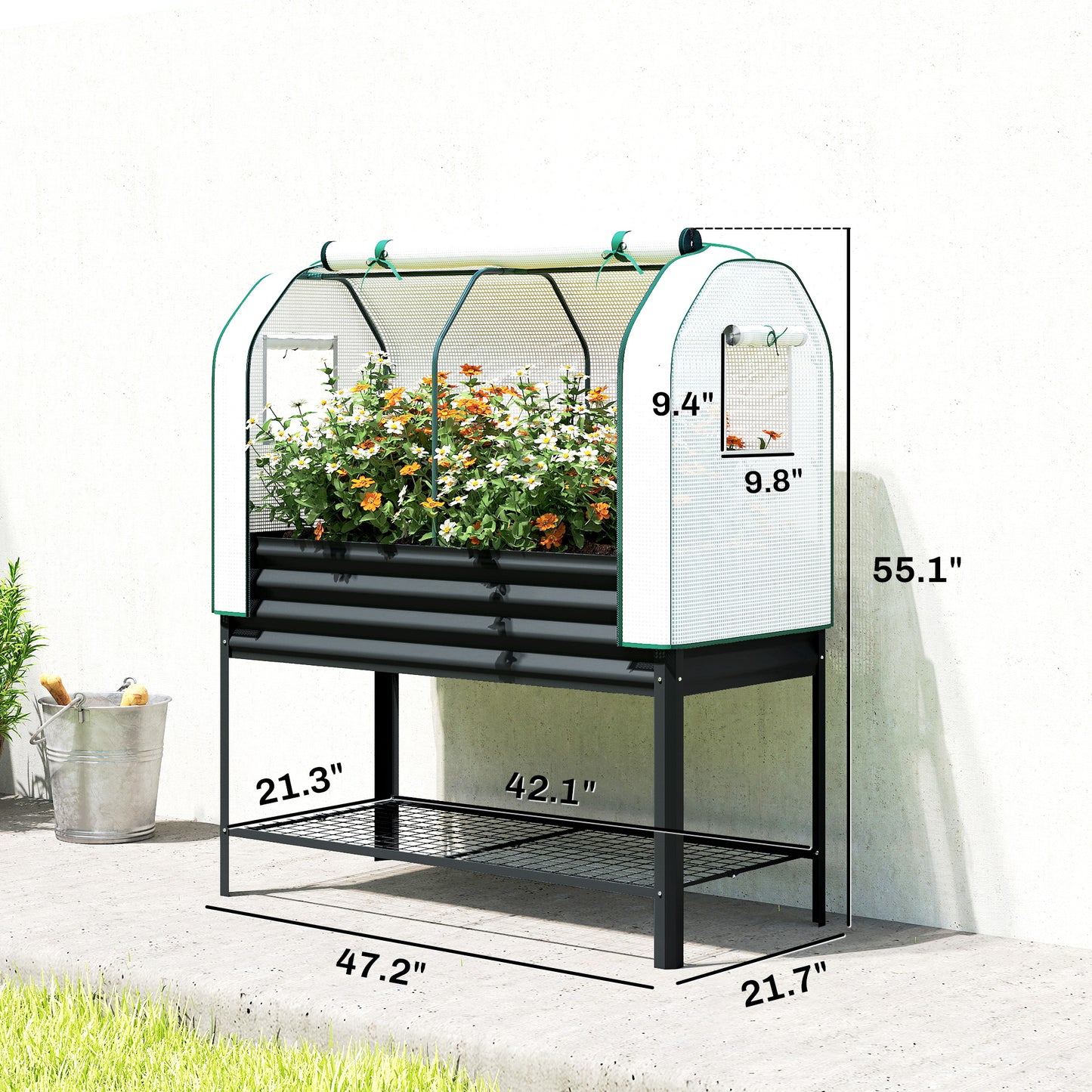 Galvanised Raised Garden Bed with Greenhouse Cover - Metal Elevated Planter with Storage Shelf - Black, 1330x370x120mm